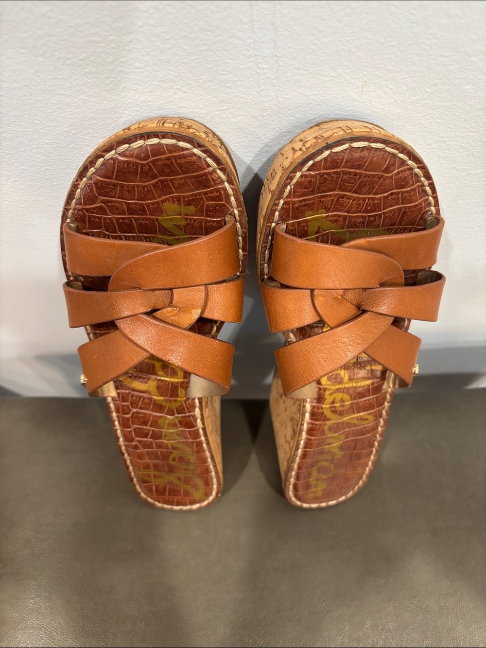 Sam Edelman Cognac Leather Braided Cork Wedge Sandals - Picture 2 of 4